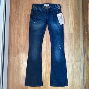 🆕 PRVCY Santa Monica Old Gold Dark Wash Distressed Bootcut Jeans Cotton 25 27